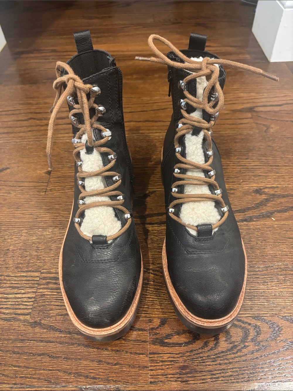 Women’s Black Lace-Up Leather Ankle Boots with Shearling Tongue
